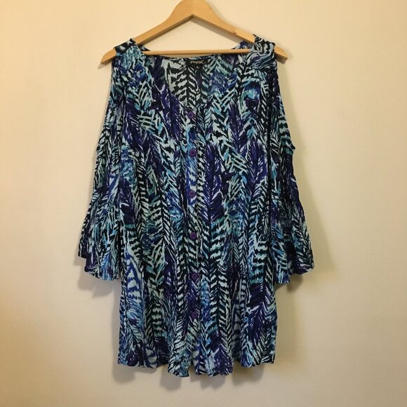Papa Vancouver Fern Boho Cold Shoulder Bell Sleeve Button Down Dress - Picture 1 of 15
